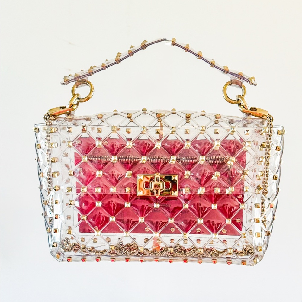 Valentino Rockstud Top Handle Bag Clear Quilted PVC and Gold Pyramid Studs